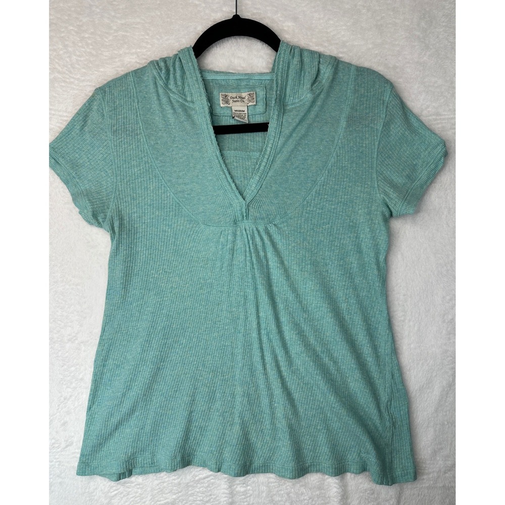 Duck Head Hooded Top Womens Medium Teal Ribbed Short Sleeve Cotton 1383